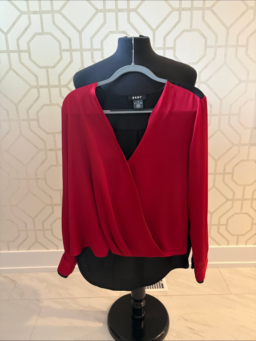 DKNY Red Wrap-Style Blouse with Black Trim